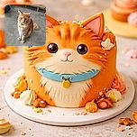 A fluffy orange tabby cat sits attentively on a smooth gray floor, looking up with curious eyes. Behind it, a wooden cabinet and a blue cat tunnel add a cozy indoor vibe to the scene.