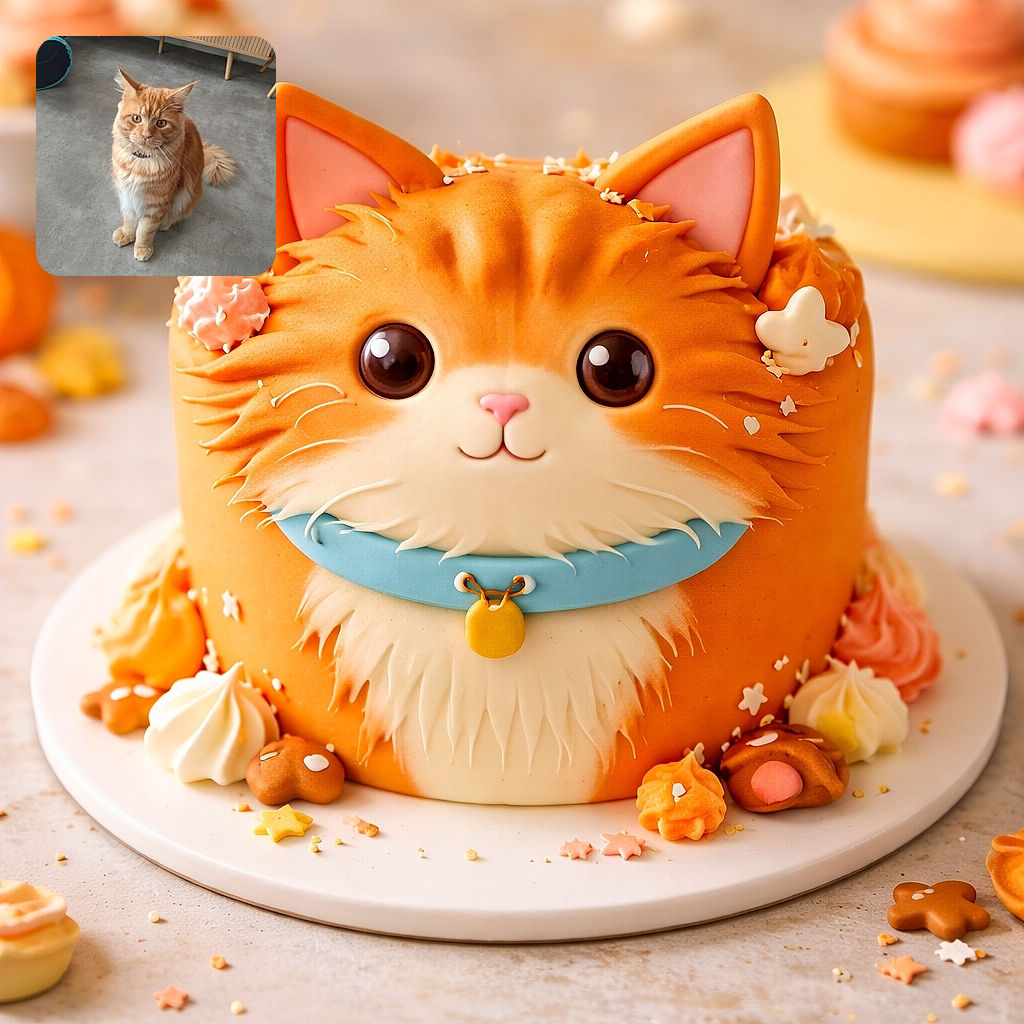 A fluffy orange tabby cat sits attentively on a smooth gray floor, looking up with curious eyes. Behind it, a wooden cabinet and a blue cat tunnel add a cozy indoor vibe to the scene.