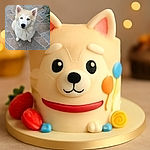 A fluffy white puppy with striking blue eyes looks up adorably from a tiled patio, its ears perked and expression full of curiosity and charm.