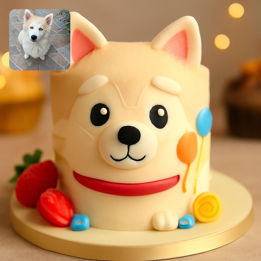 A fluffy white puppy with striking blue eyes looks up adorably from a tiled patio, its ears perked and expression full of curiosity and charm.