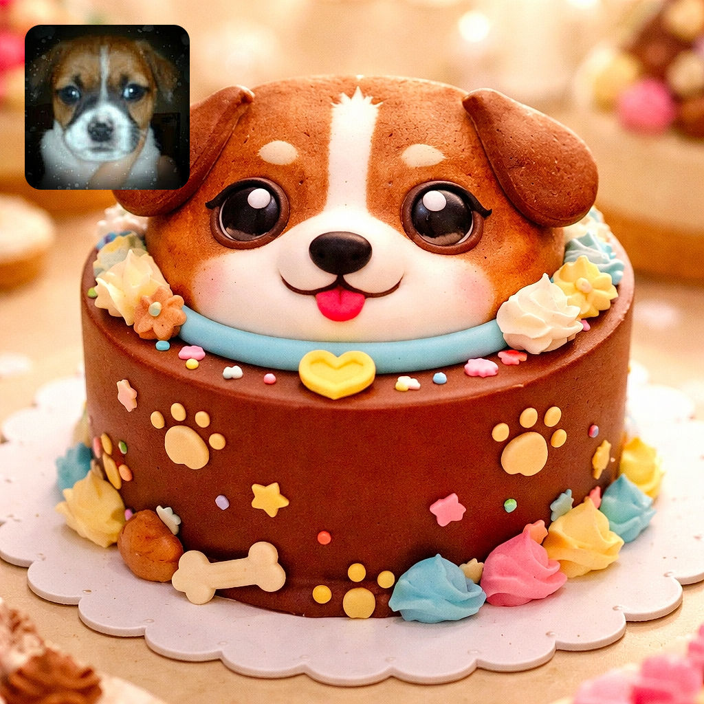 A blurry close-up photo of a puppy with big eyes looking directly at the camera, with some light spots resembling dust or snowflakes around the image, giving it a dreamy but low-quality feel.