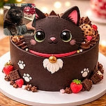 A fluffy dark brown cat lounges comfortably on a person's arm, gazing intently at the camera with curious eyes. The background features festive red and white holiday decorations, including a sleigh filled with ornaments and glittery candles, adding a cozy seasonal vibe to the scene.