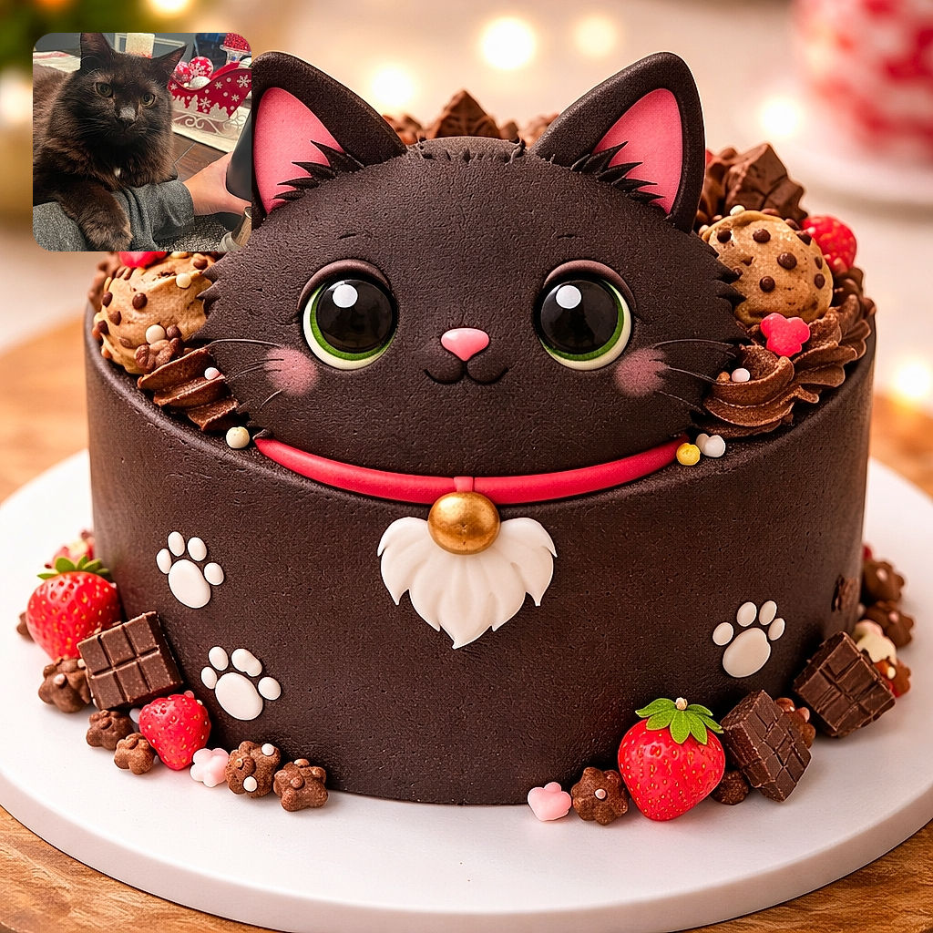 A fluffy dark brown cat lounges comfortably on a person's arm, gazing intently at the camera with curious eyes. The background features festive red and white holiday decorations, including a sleigh filled with ornaments and glittery candles, adding a cozy seasonal vibe to the scene.