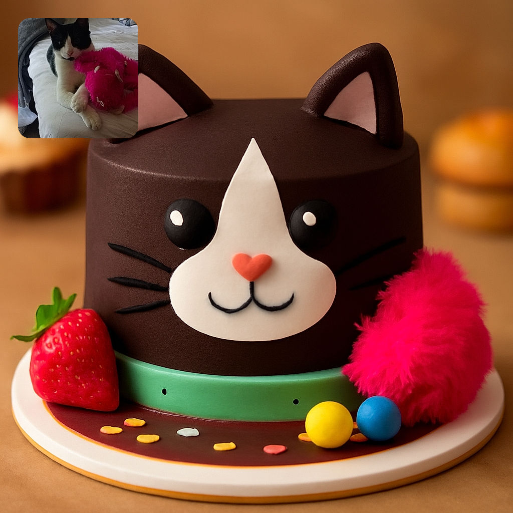 A curious black and white cat lounges on a bed, clutching a fluffy pink toy with a look of playful intent. The cozy bed setting and soft blankets create a warm, homely vibe, while the cat's intense gaze makes it clear this plush is no match for its paws.