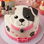 A serious-looking spotted dog sits proudly on a fluffy bed, wearing a bright pink harness and giving the camera the unmistakable expression of a tiny, judgmental landlord. Curtains, a wall unit, and cozy bedding complete the indoor scene.