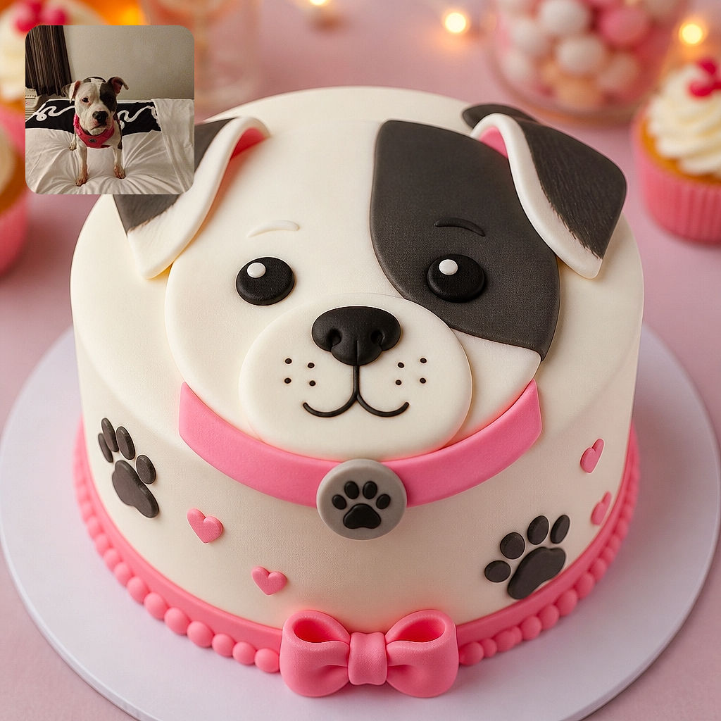 A serious-looking spotted dog sits proudly on a fluffy bed, wearing a bright pink harness and giving the camera the unmistakable expression of a tiny, judgmental landlord. Curtains, a wall unit, and cozy bedding complete the indoor scene.