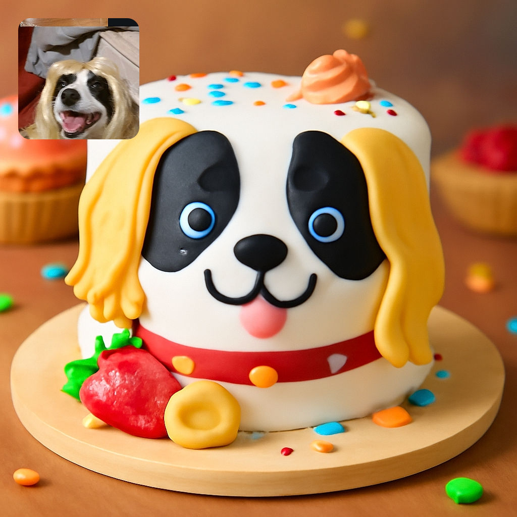 A cheerful dog wearing a blonde wig poses happily indoors, while in the background a child enjoys an ice cream cone at a table with a large drink cup and a phone. The photo is casual and candid, capturing a fun moment with a playful pet.