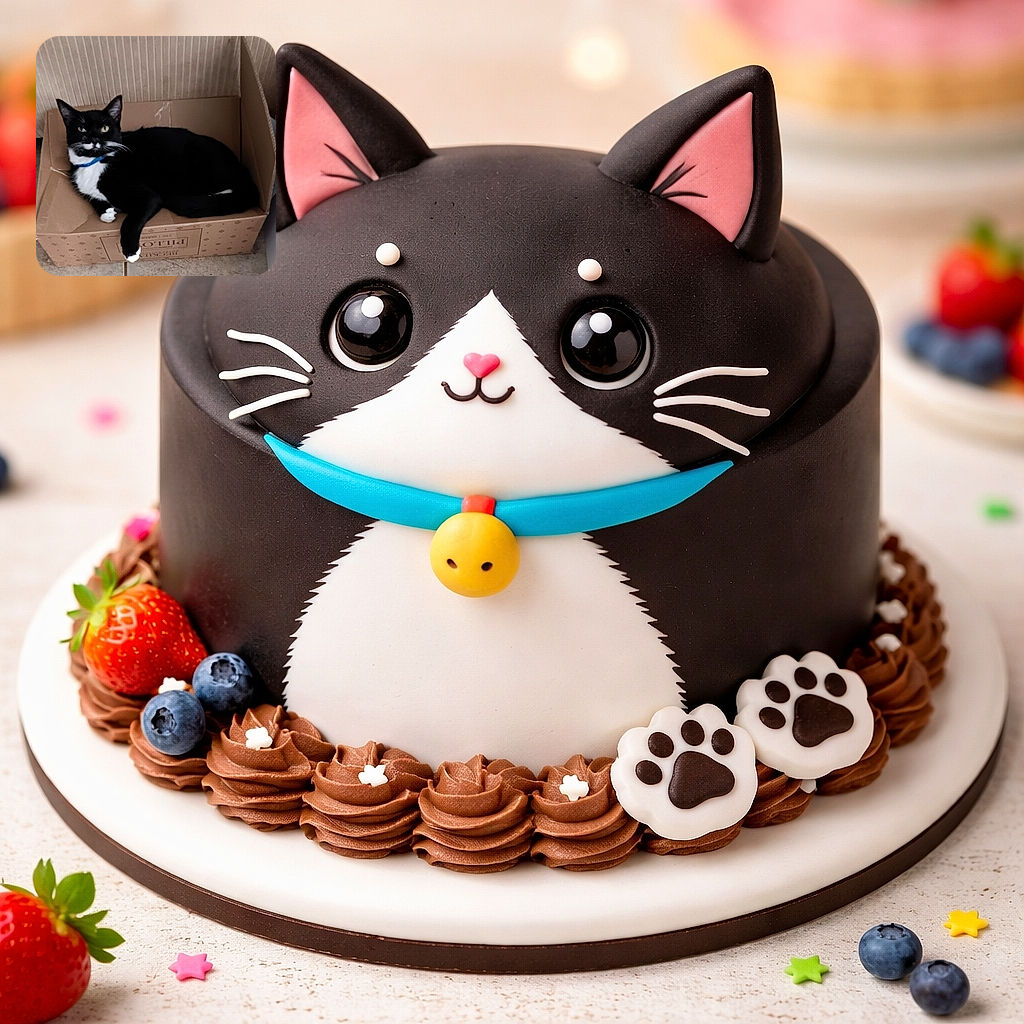 A black and white cat lounges comfortably inside a slightly worn cardboard box, looking up with a relaxed but curious gaze. The cat sports a blue collar and one paw dangles over the edge of the box, which sits on a tiled floor with a textured wall in the background.