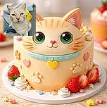 A close-up photo of a curious beige cat with striking blue eyes sitting on a cushioned chair outside, with a slightly blurred background featuring a yellow object and some outdoor elements.