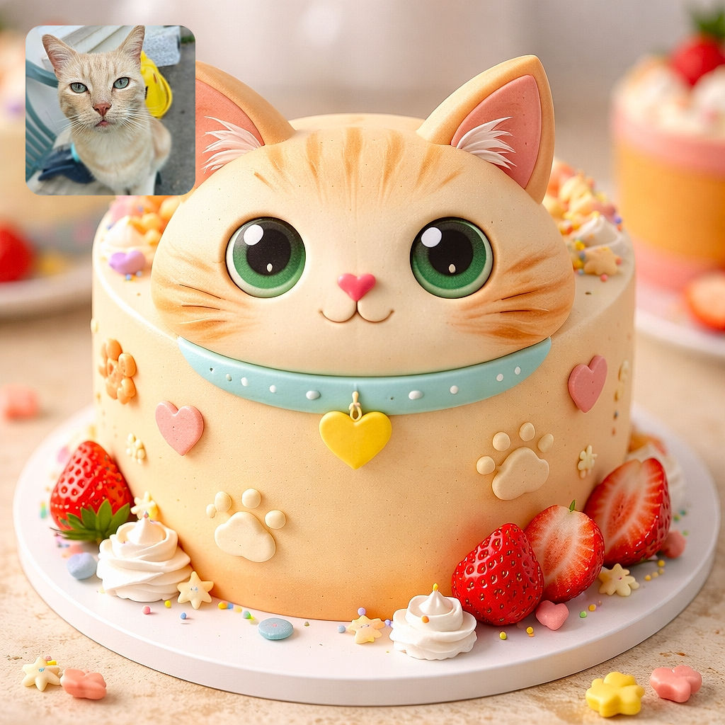 A close-up photo of a curious beige cat with striking blue eyes sitting on a cushioned chair outside, with a slightly blurred background featuring a yellow object and some outdoor elements.