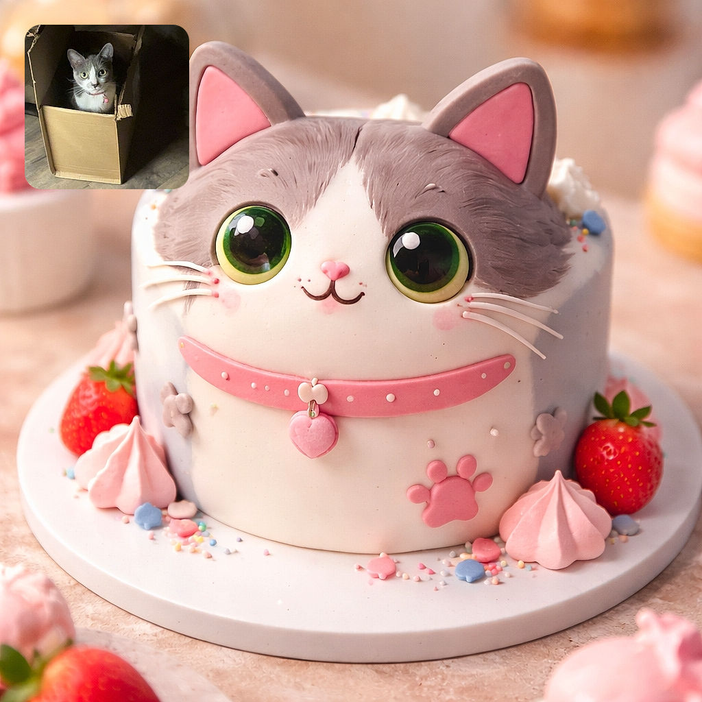 A wide-eyed gray-and-white cat has claimed a battered cardboard box as its throne, staring up with regal curiosity while a tiny pink bell on its collar announces royal intentions — pure box-level domination on the living-room floor.