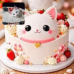 A fluffy white cat lounges comfortably in a colorful, festive pet bed adorned with holiday-themed patterns, gazing serenely at the camera with soft lighting highlighting its pristine fur.