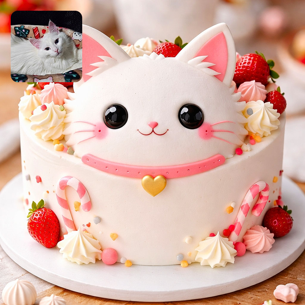A fluffy white cat lounges comfortably in a colorful, festive pet bed adorned with holiday-themed patterns, gazing serenely at the camera with soft lighting highlighting its pristine fur.