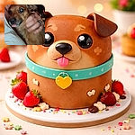 A startled little brown dog being smooched into a cozy hug — tongue peeking out, eyes shining with flash reflections, and a dramatic human hand (complete with ring) guardianing the cuddle. Background shows a cluttered counter with bottles, giving the scene a homey late-night vibe. Slight blur and noise add to the frantic-but-adorable energy.