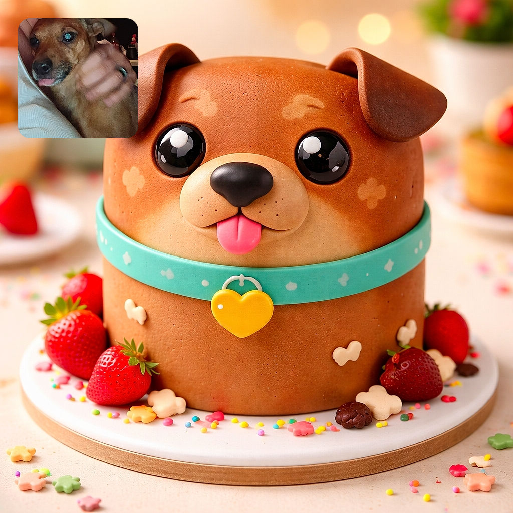 A startled little brown dog being smooched into a cozy hug — tongue peeking out, eyes shining with flash reflections, and a dramatic human hand (complete with ring) guardianing the cuddle. Background shows a cluttered counter with bottles, giving the scene a homey late-night vibe. Slight blur and noise add to the frantic-but-adorable energy.