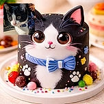 A curious tuxedo kitten with wide eyes is captured in sharp detail, wearing a patriotic blue bow tie collar. The background features a festive firework burst, adding a celebratory vibe to this adorable close-up.