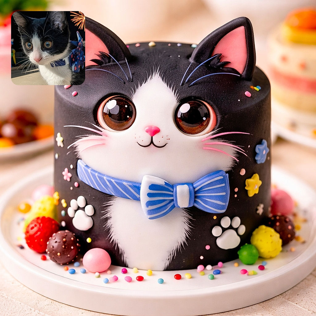 A curious tuxedo kitten with wide eyes is captured in sharp detail, wearing a patriotic blue bow tie collar. The background features a festive firework burst, adding a celebratory vibe to this adorable close-up.