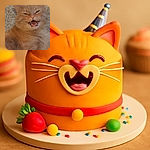 A mischievous orange tabby cat with a cheeky grin and sharp teeth is caught mid-meow while lounging on a textured carpet. The cat's squinting eyes and open mouth make it look like it's plotting a funny prank or telling a joke only cats understand.