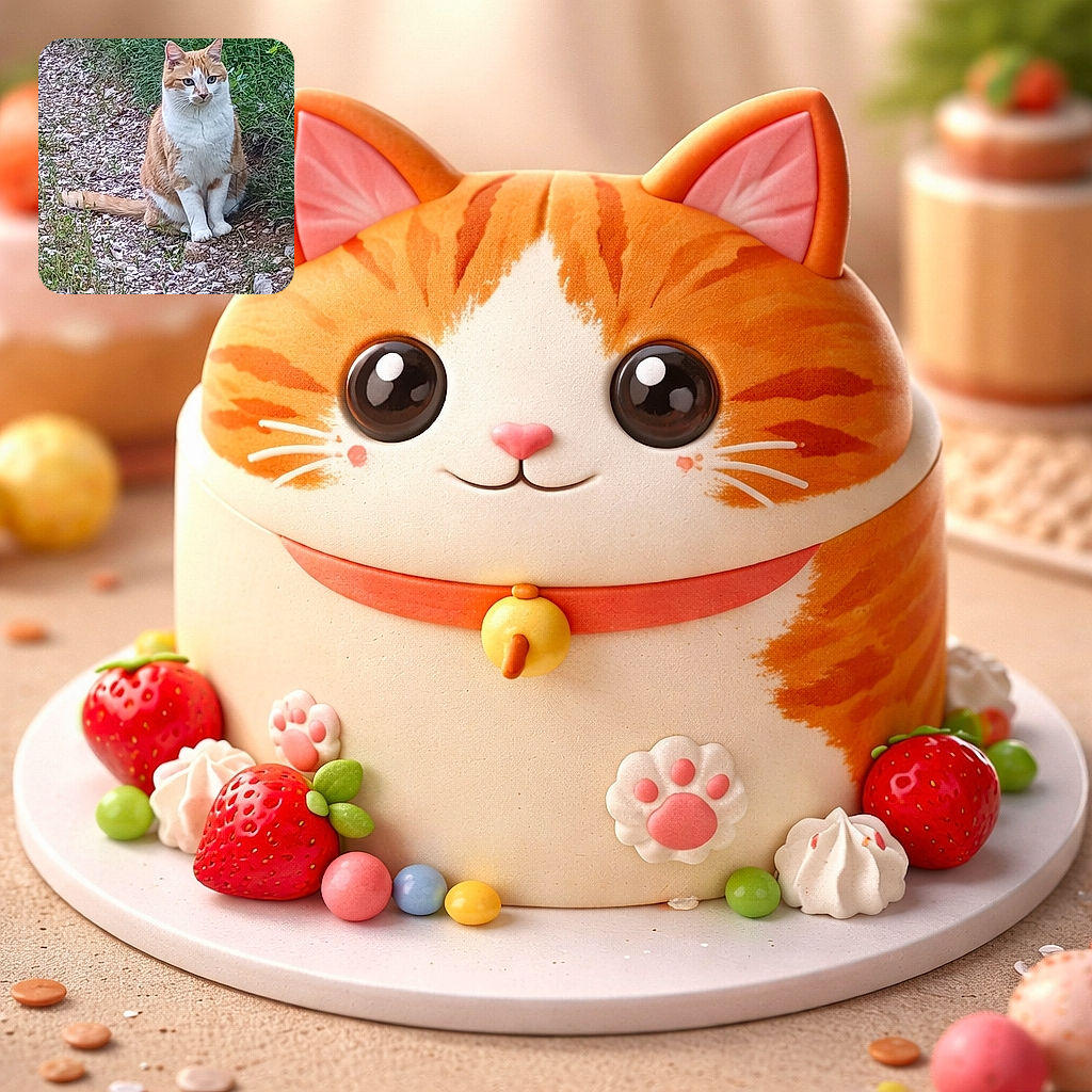 A fluffy orange and white cat sits attentively on a gravel path surrounded by green grass and plants, looking ready to pounce or pose for a nature photoshoot.