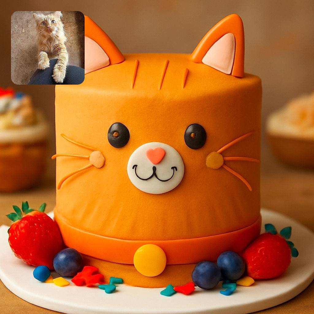 A fluffy orange cat with wide, curious eyes is perched on a person's lap, its paws gently resting on black pants. The background is a textured, earthy wall, giving the photo a warm, cozy vibe.