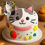 A charming cat with a mix of white and gray fur sits gracefully on the ground, bathed in warm sunlight. The background is softly blurred, highlighting the cat's attentive green eyes and pink nose, making it look like a serene outdoor portrait.