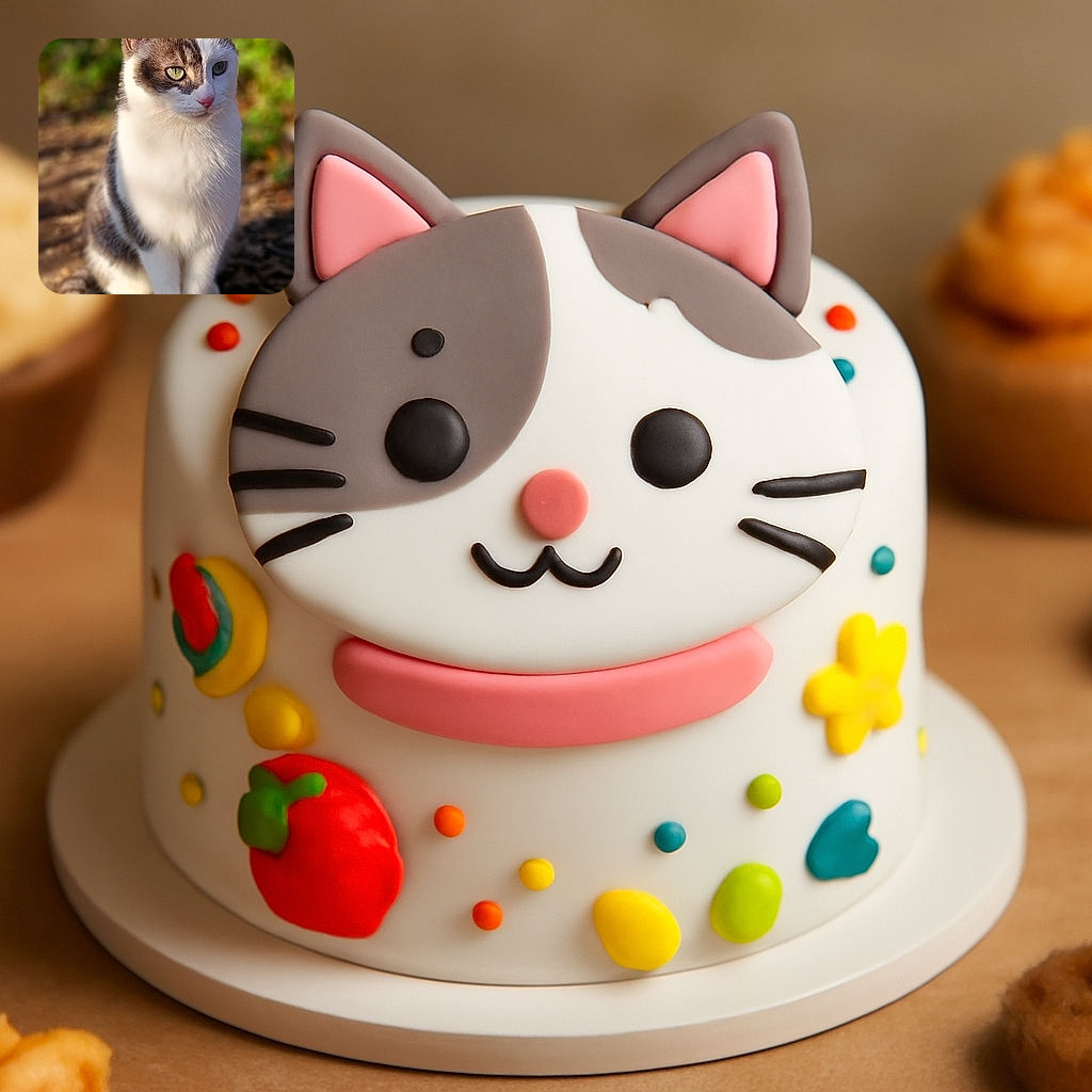 A charming cat with a mix of white and gray fur sits gracefully on the ground, bathed in warm sunlight. The background is softly blurred, highlighting the cat's attentive green eyes and pink nose, making it look like a serene outdoor portrait.