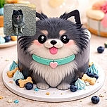 A fluffy, happy dog with a big smile and tongue out is sitting on a gravel path, looking like it's ready for an adventure or a game of fetch with a pinecone right in front of its paws.