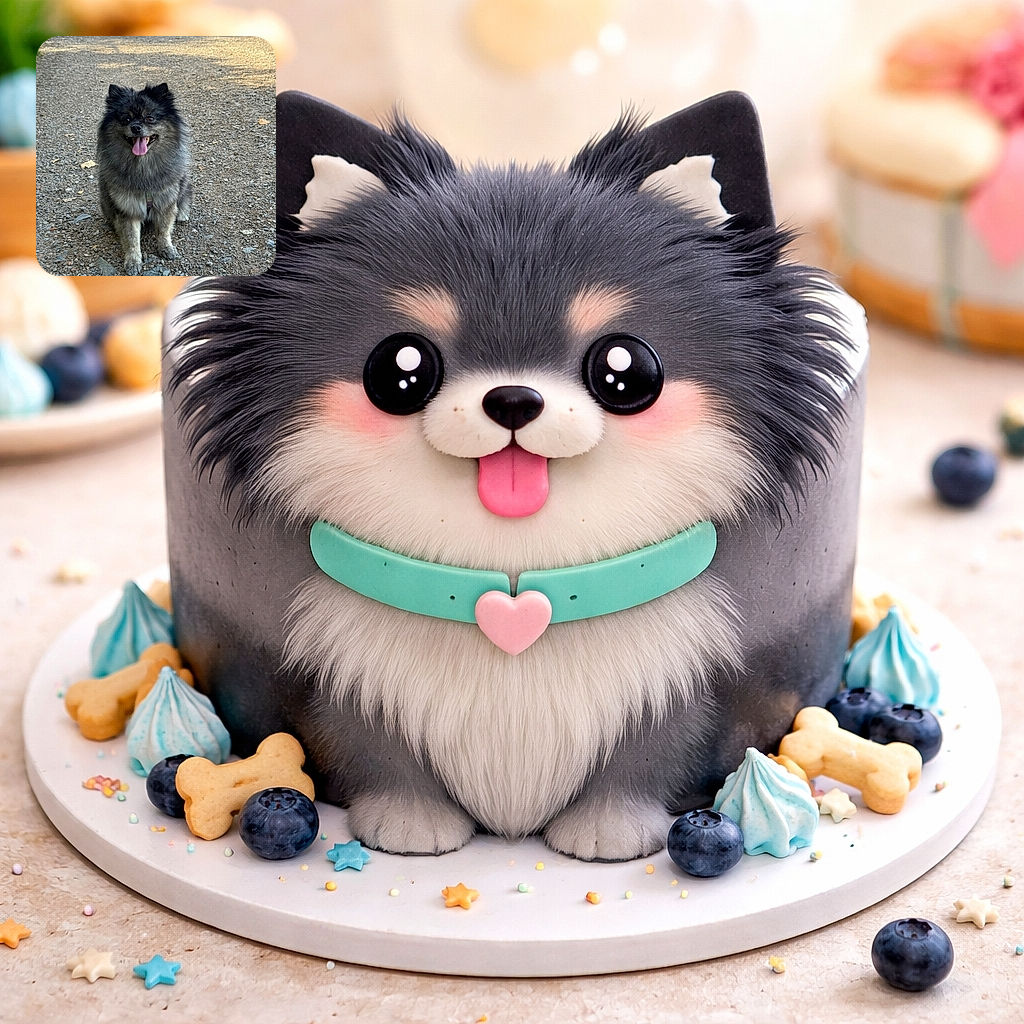 A fluffy, happy dog with a big smile and tongue out is sitting on a gravel path, looking like it's ready for an adventure or a game of fetch with a pinecone right in front of its paws.
