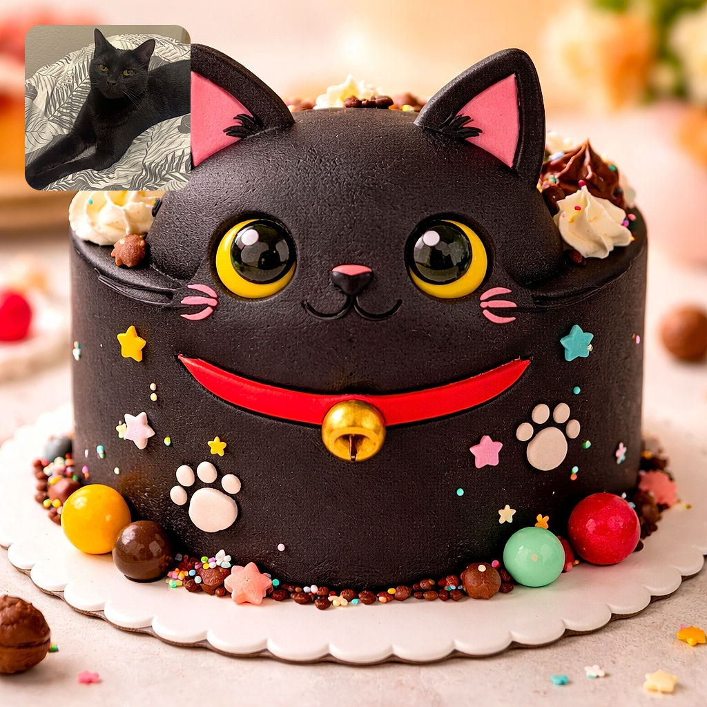 A regal black cat posing like it pays the rent—golden eyes locked on the camera, ears perched, and a look that says 'I accept treats and sarcastic compliments.' It lounges on a grey-and-white leaf-patterned duvet, turning an ordinary bed into a throne of softness.