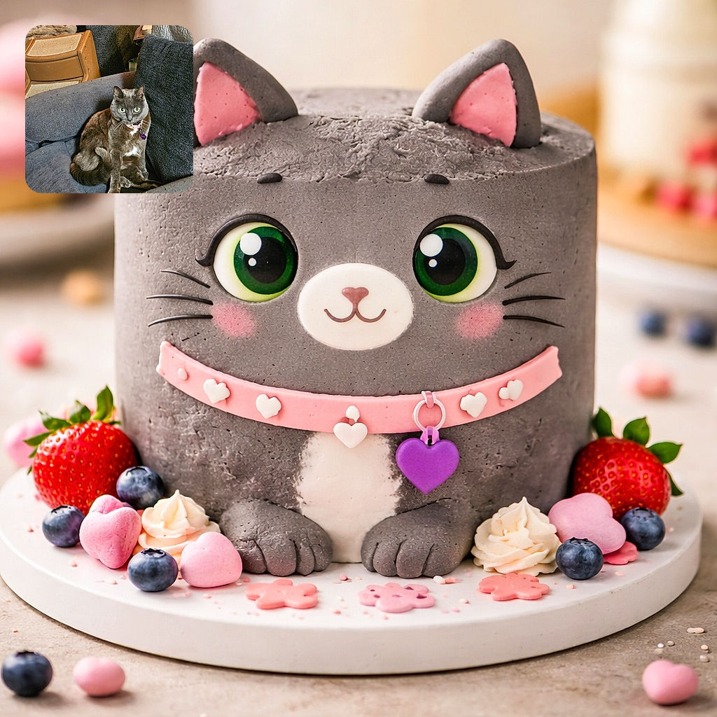 A wide-eyed gray cat lounges on a well-worn couch like a tiny, judgmental monarch — neon green eyes locked on the camera, a pink collar with a heart tag, and one leg comically splayed. Background shows cushions, a blanket and a plastic storage step, giving the scene a cozy, lived-in vibe.