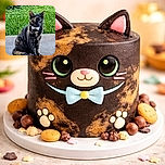 A dignified tortoiseshell cat wearing a charming white bow tie sits on a concrete surface with lush green grass in the background. The cat looks poised and regal, as if ready for a fancy event, while the watermark 'PhotoBoost' appears at the bottom right corner.