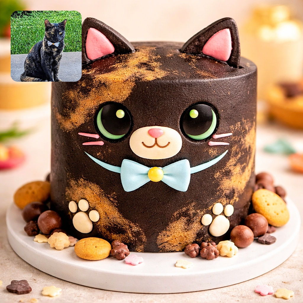 A dignified tortoiseshell cat wearing a charming white bow tie sits on a concrete surface with lush green grass in the background. The cat looks poised and regal, as if ready for a fancy event, while the watermark 'PhotoBoost' appears at the bottom right corner.