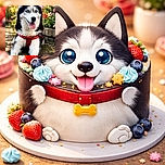 A stunning Siberian Husky with piercing blue eyes and a bright red harness lounges happily on a garden path, surrounded by vibrant flowers and bathed in warm, golden sunlight that highlights its fluffy fur.