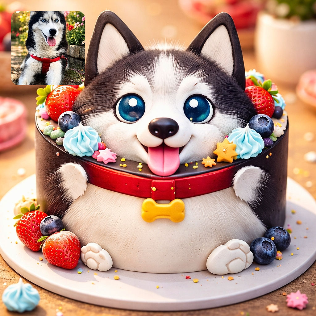 A stunning Siberian Husky with piercing blue eyes and a bright red harness lounges happily on a garden path, surrounded by vibrant flowers and bathed in warm, golden sunlight that highlights its fluffy fur.