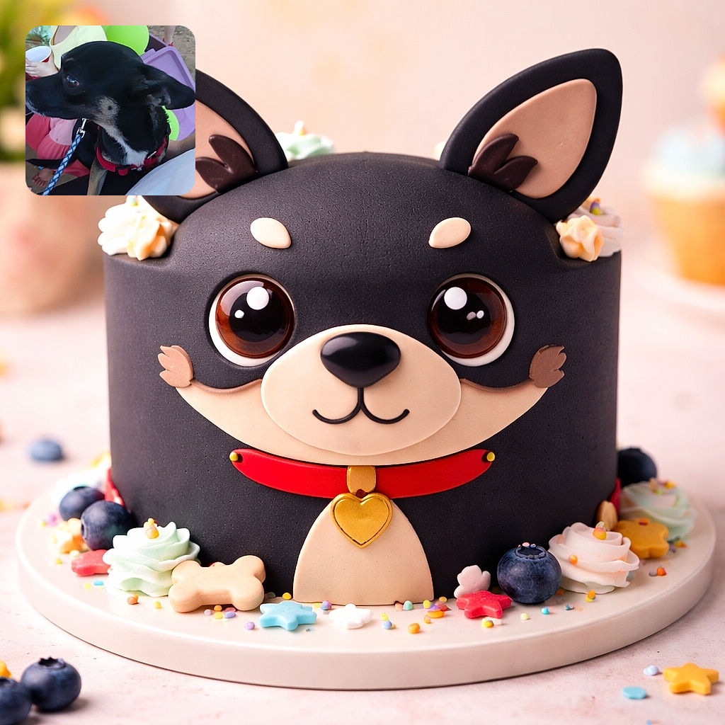 A suspiciously dignified little black dog in a red harness dominates the frame while a sticky-faced child with a red cup and neon balloons photobombs from the corner — backyard party chaos, captured mid-sniff.