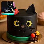 A sleek black domestic cat named Scooter lounges on a colorful blanket, its piercing yellow eyes staring intently. The photo appears to be a screenshot or capture from a pet adoption or voting app, complete with text overlays and buttons, giving it a casual and candid feel.