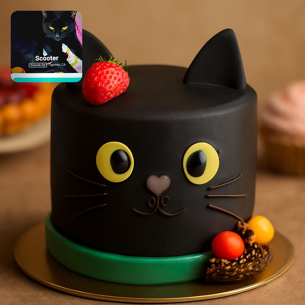 A sleek black domestic cat named Scooter lounges on a colorful blanket, its piercing yellow eyes staring intently. The photo appears to be a screenshot or capture from a pet adoption or voting app, complete with text overlays and buttons, giving it a casual and candid feel.