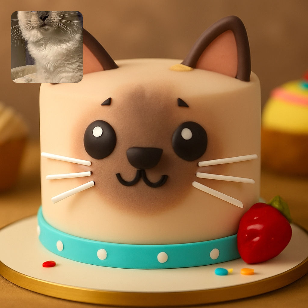 A fluffy cat with striking blue eyes gazes thoughtfully, its whiskers stretching wide and fur looking as soft as a cloud, perched on a cozy cream blanket with a dark curtain backdrop.