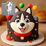 A cheerful husky with striking blue eyes sits patiently on a cracked pavement, leash extending toward the camera, with a backdrop of green grass and small purple flowers, capturing a candid moment of canine charm.