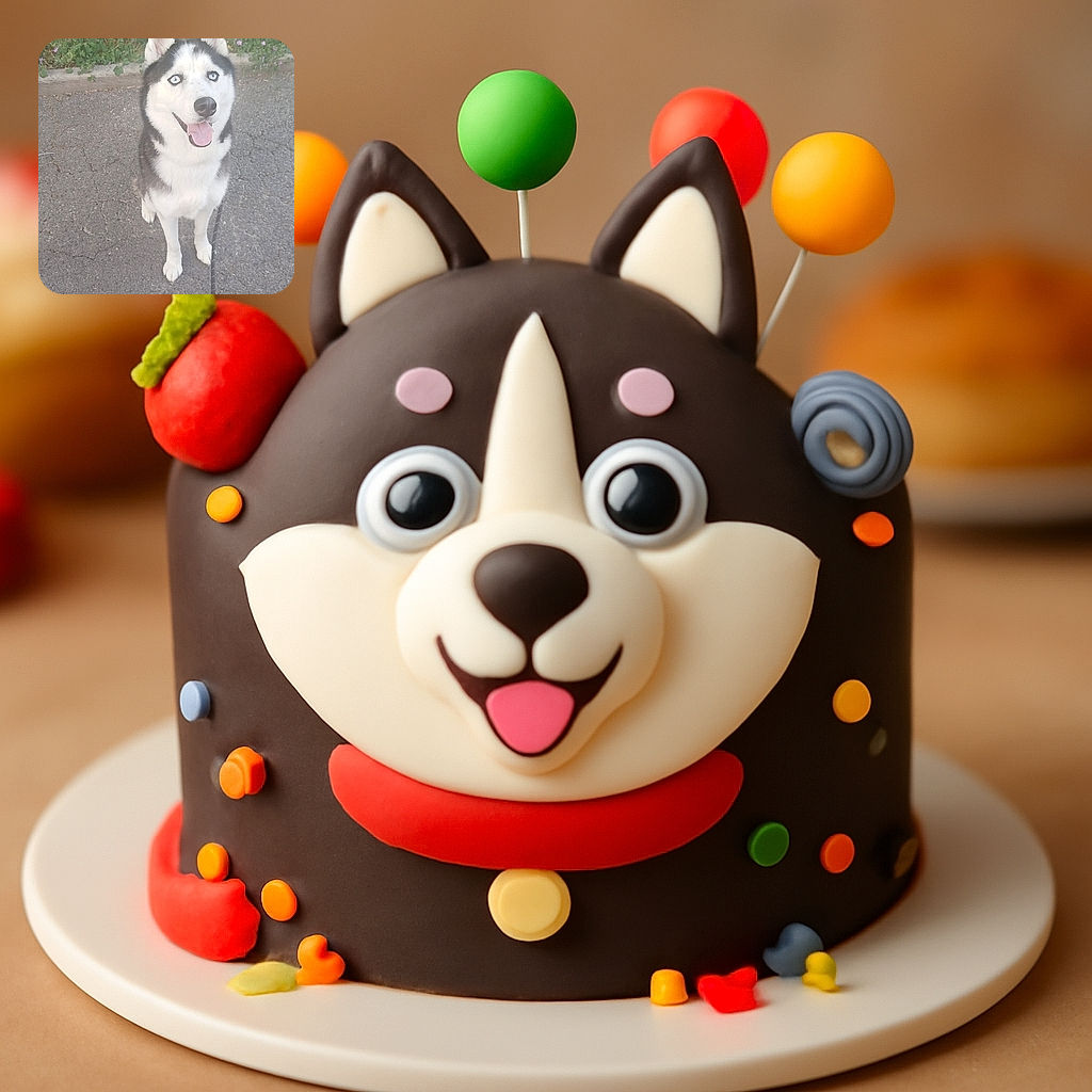 A cheerful husky with striking blue eyes sits patiently on a cracked pavement, leash extending toward the camera, with a backdrop of green grass and small purple flowers, capturing a candid moment of canine charm.