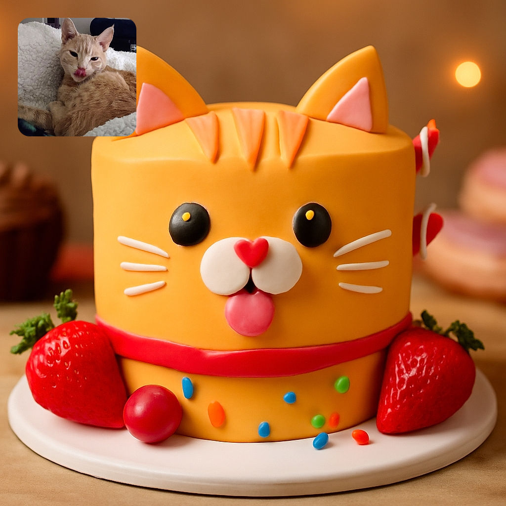 A cozy orange tabby cat lounges on a fluffy white blanket, caught mid-lick with its tongue adorably out, as if savoring an invisible treat or plotting its next nap.