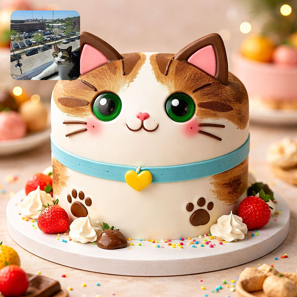 A relaxed tabby and white cat lounges on a sunny windowsill, gazing curiously at the camera while the busy cityscape with parked cars and buildings blurs softly in the background through a slightly smudged window.