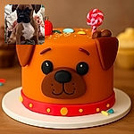 A serious-faced puppy sits on a fuzzy blanket with a backdrop of pillows featuring dog illustrations, creating a cozy and cute canine-themed corner.