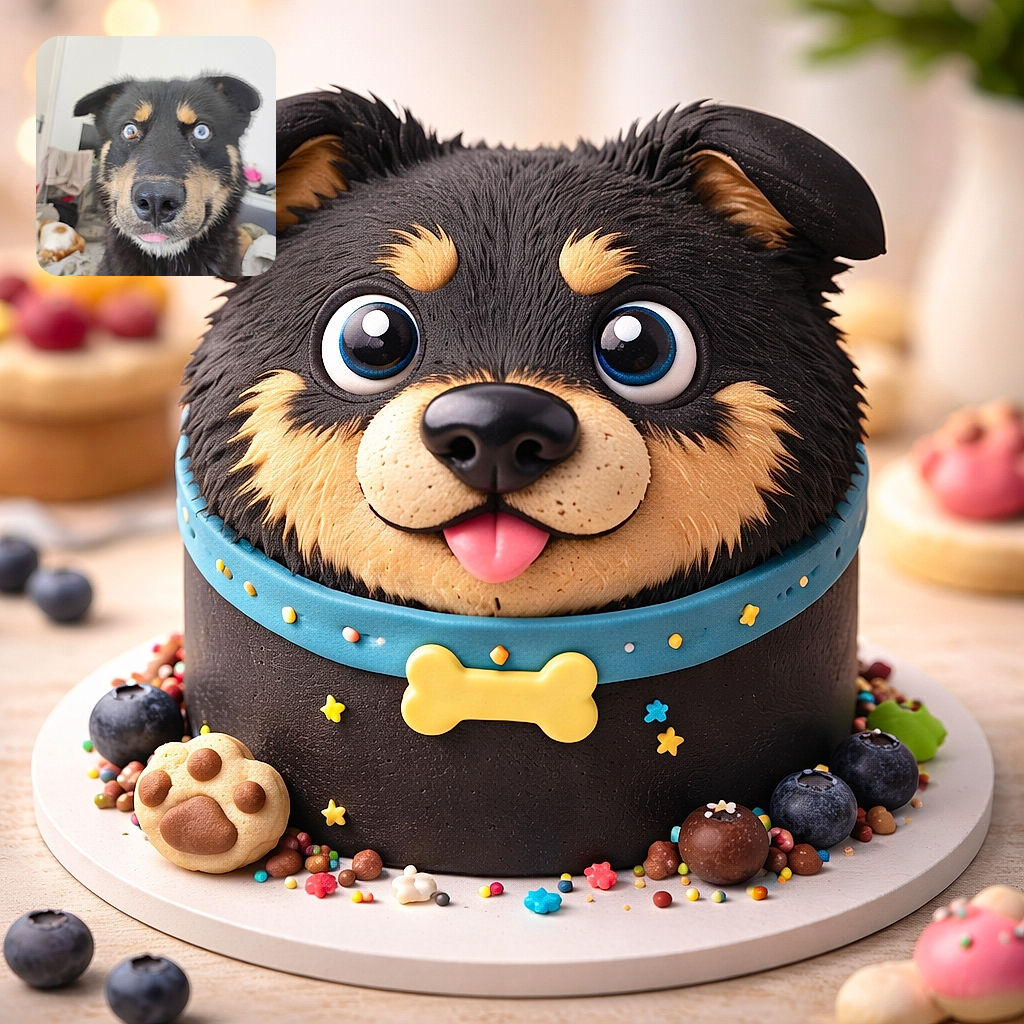 A close-up photo of a black and tan dog with striking heterochromia eyes, one blue and one brown, sticking its tongue out slightly. The background is a bit cluttered with household items and another dog lying down, creating a casual and candid vibe.