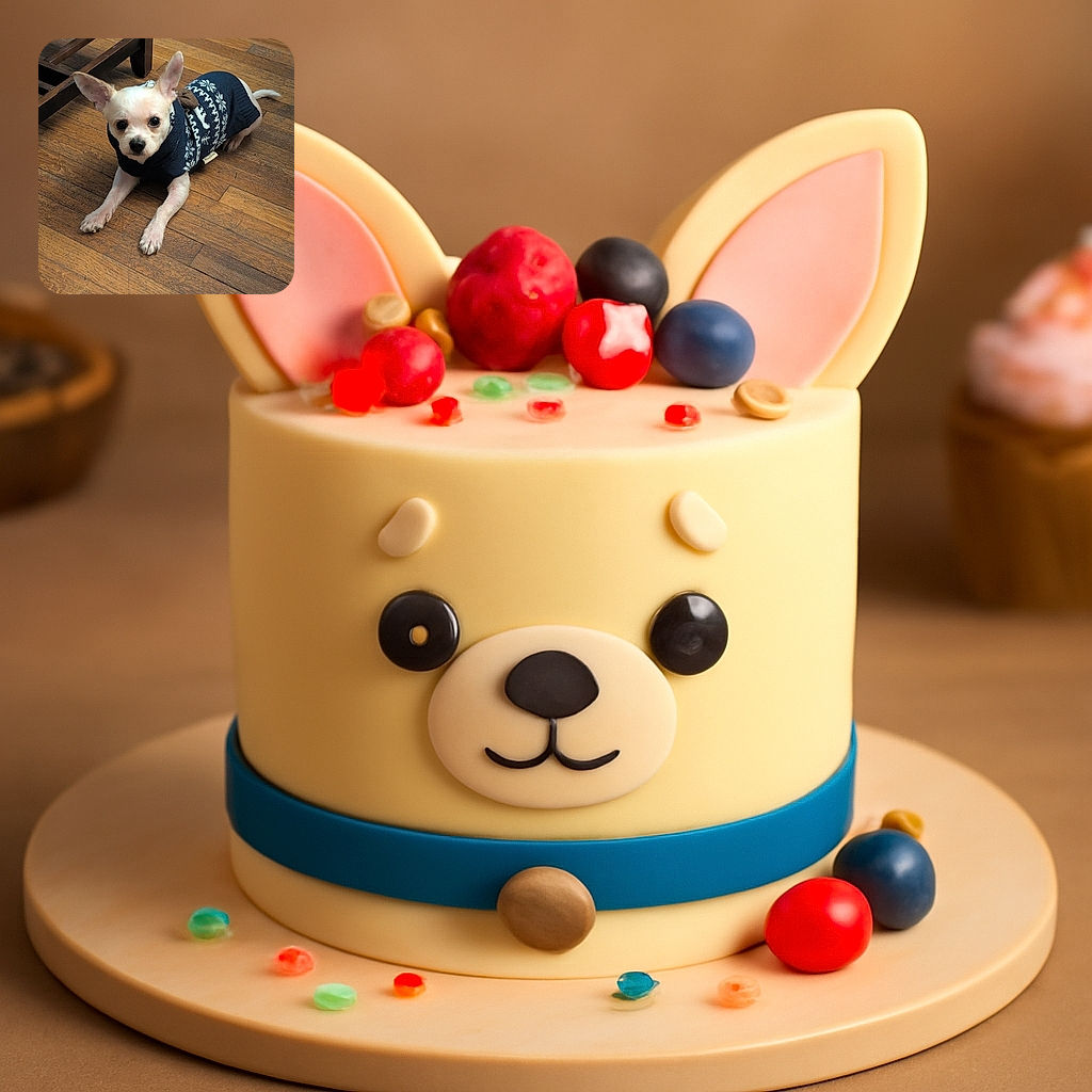 A small dog wearing a cozy navy blue sweater with white patterns lies on a wooden floor, looking up with curious big eyes and perky ears, ready to warm hearts and floors alike.