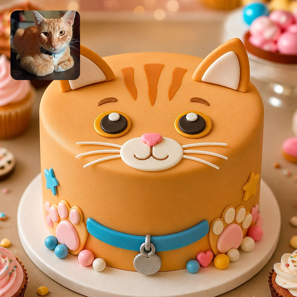 A handsome orange cat sits in a perfectly serious loaf pose, staring into the camera like it has just discovered your browser history. Its blue collar and tiny tag add a dapper touch, while the warm indoor background keeps the focus on this fluffy supervisor.