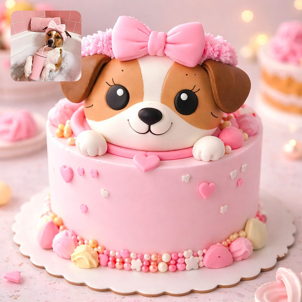 A relaxed dog lounging in a bubble bath, wearing a fluffy pink headband with a big bow, sipping from a matching pink cup with a straw, surrounded by pink tiles and a rolled pink towel, looking like it's having the ultimate spa day.