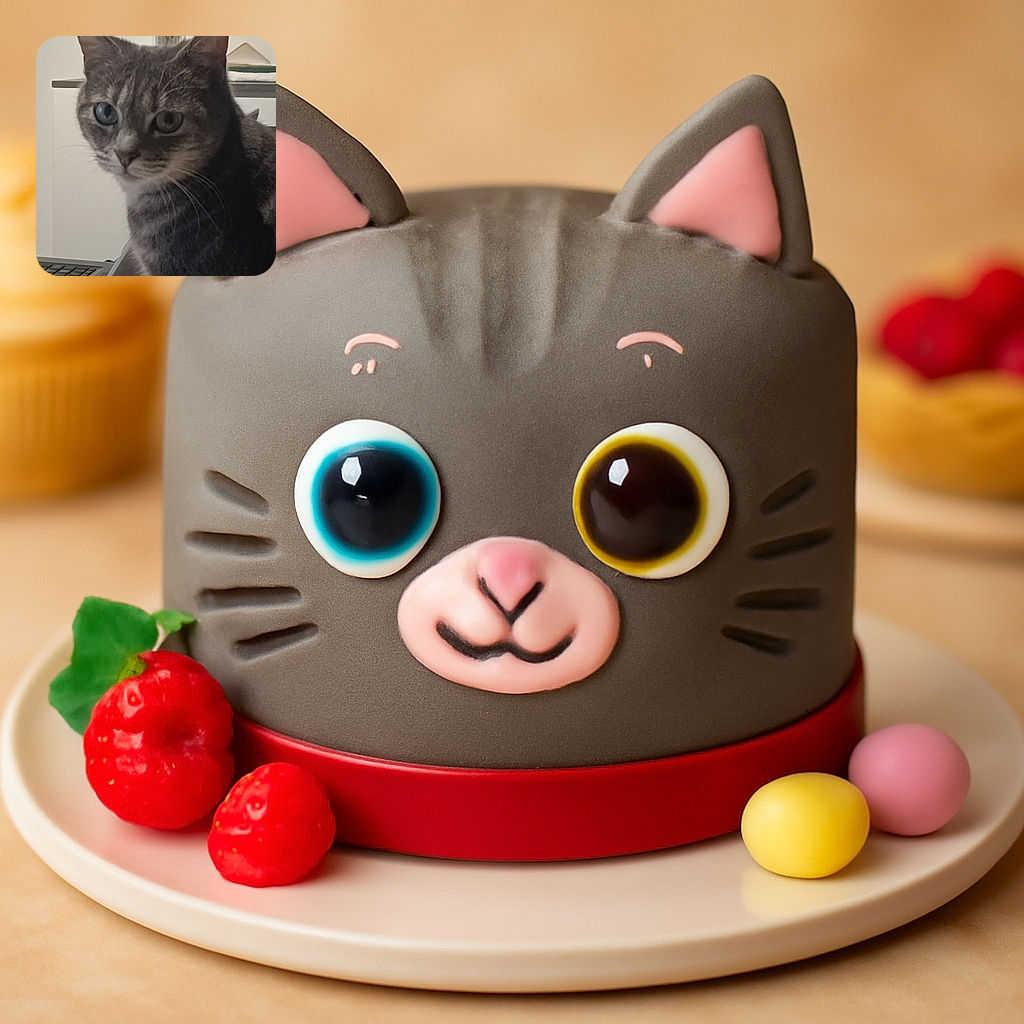 A close-up photo of a gray tabby cat with striking heterochromia eyes, one blue and one greenish. The cat is sitting near a laptop keyboard, with a blurred background featuring a red rose under a glass dome and some household items.