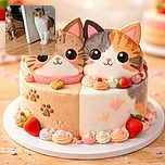 Two cats sit patiently on a wooden floor near a slightly open white door, one with a tabby pattern and the other with a calico coat, both looking curiously at the camera with a calm indoor background.