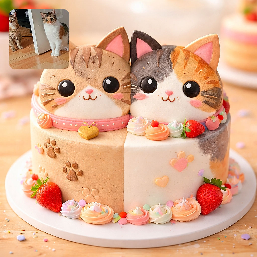 Two cats sit patiently on a wooden floor near a slightly open white door, one with a tabby pattern and the other with a calico coat, both looking curiously at the camera with a calm indoor background.